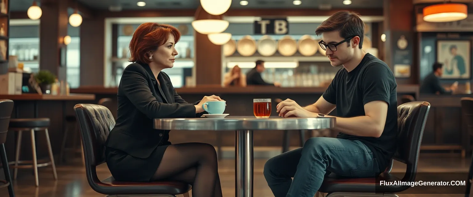 Cinematic Style. A woman and a man are sitting at a table in a bar, having a coffee. The woman is in her 40s, has red hair, mouth closed, wearing business attire, black pantyhose, open toe high heels. She looks at the man with superiority. The man is a 20-year-old shy man, with glasses, wearing jeans and a T-shirt. Shot from the side, from a distance of at least 5 meters, so all their figures are shown. The woman is looking at the man. The table has one leg, in the middle, metallic. The woman and the man are sitting on opposite sides, facing each other. The man is looking down at the table. The woman is looking at the man | Cinematic | worm eye view. - Image