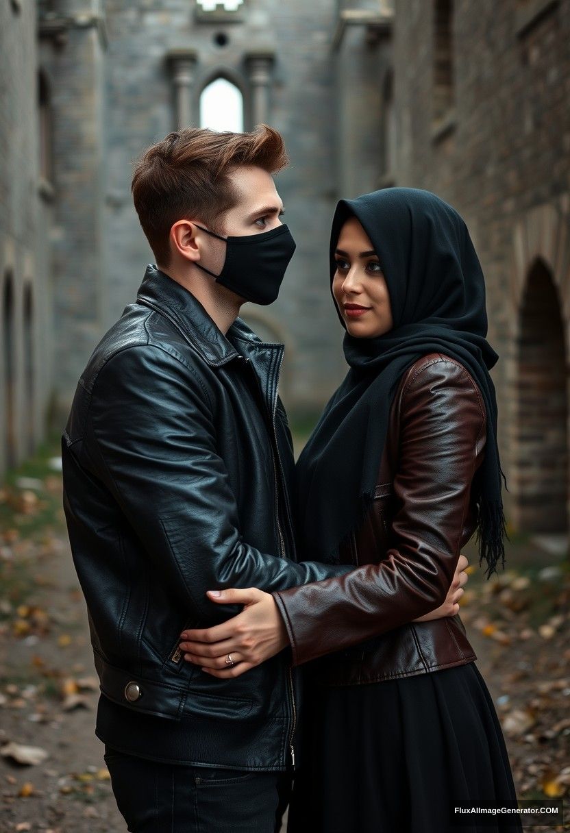 Jamie Dornan's head and body shot, handsome, face mask black, black leather jacket, dating, love hug with the biggest black hijab Muslim girl, not tall, beautiful eyes, face mask, maroon leather jacket, biggest black skirt, hyper-realistic, studio photography, full body photo, explore at abandoned castle, gloomy. - Image