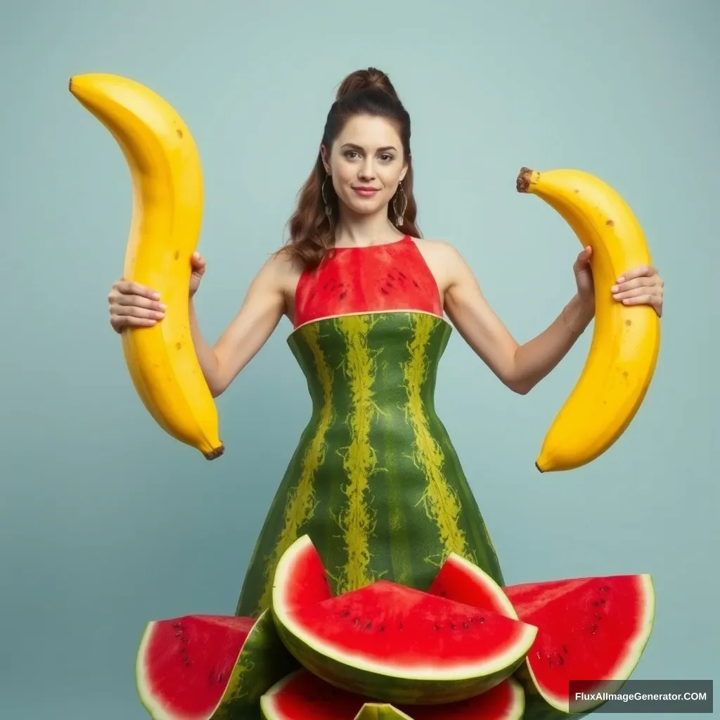 A woman wearing a dress made of watermelon. She is holding a giant yellow banana in each hand. - Image