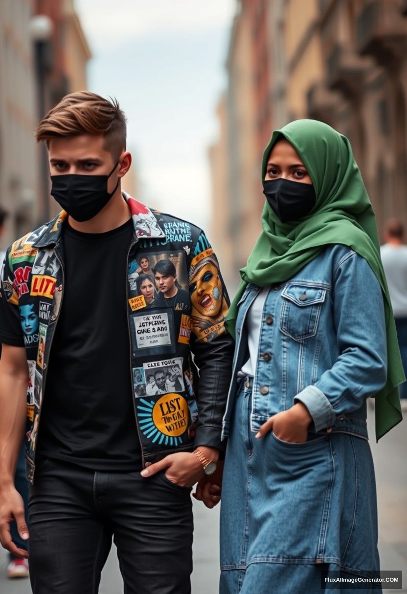 Jamie Dornan, young, black face mask, black t-shirt, riot collage jacket, jeans, red sneakers, dating romantically with a Muslim girl in a green hijab, beautiful eyes, black face mask, denim jacket, longest skirt, not a tall girl, photorealistic, street photography, full photography. - Image