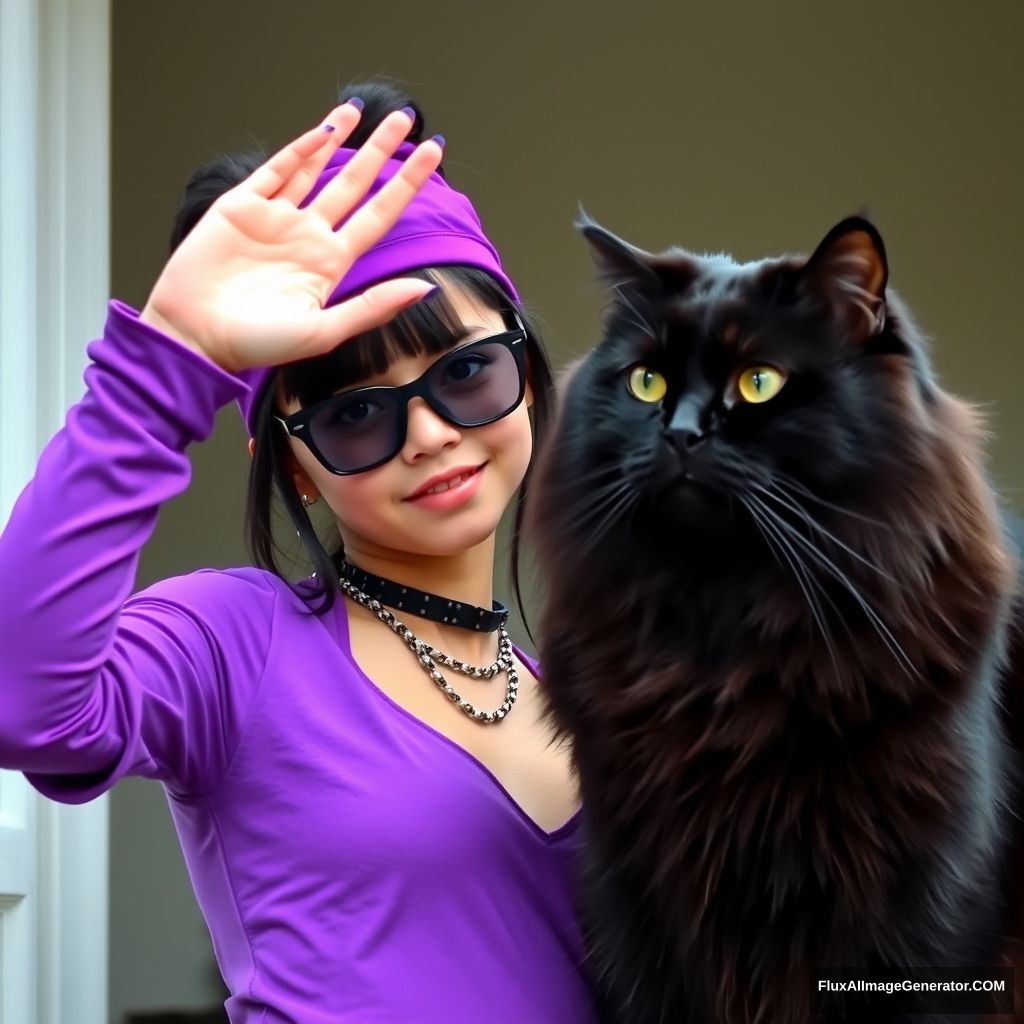 A girl wearing a purple hip-hop style lifted her hand and stroked a huge black cat, taking a realistic photo.