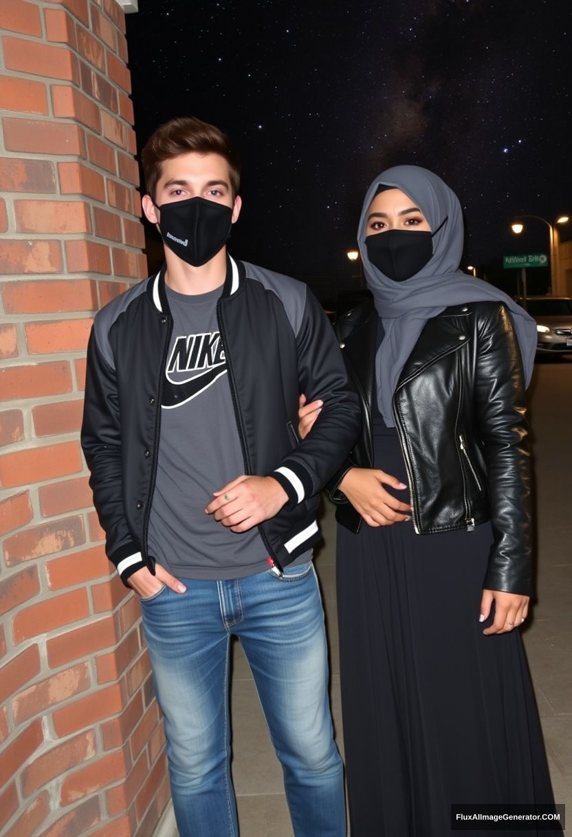 Jamie Dornan, youngest, black face mask, collage jacket, Nike t-shirt, jeans, tall man, fit body,

Dating, love with the biggest grey hijab Muslim girl, beautiful eyes, black face mask, leather jacket, biggest longest skirt, slim, not tall girl, love holding his arm,

Standing at a brick wall, spoiler, in town, night scenery, Milky Way, hyper-realistic, photorealistic, selfie. - Image