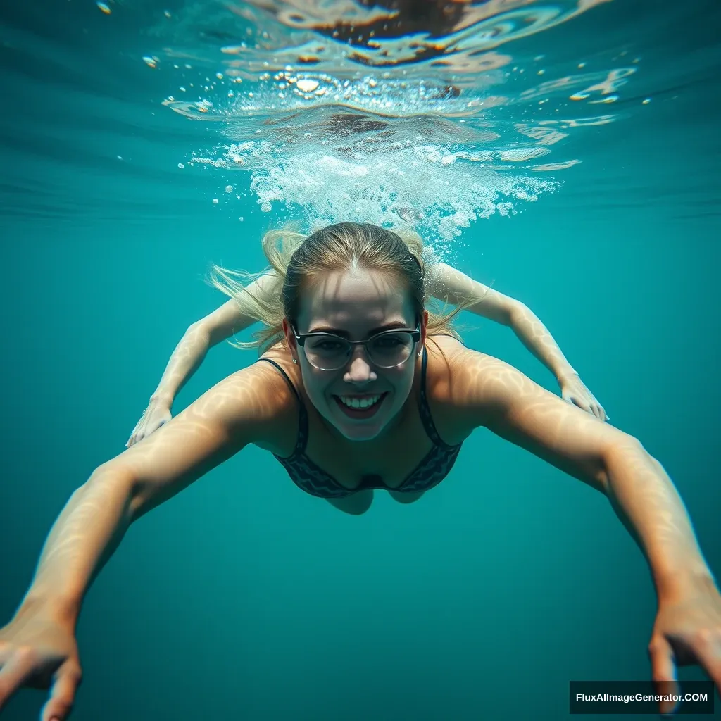 "A woman is swimming underwater, followed by someone behind her." - Image