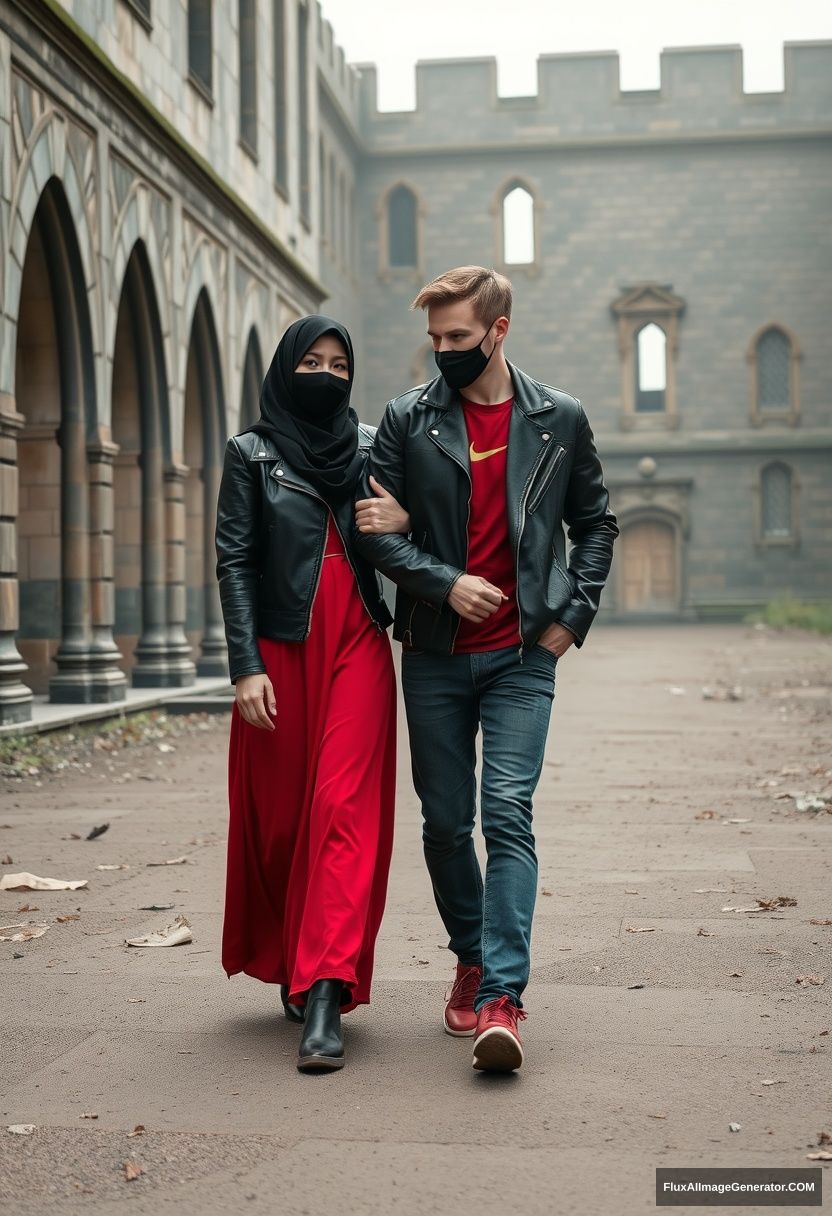 A big black hijab girl, beautiful eyes, black face mask, black leather jacket, the biggest, longest red dress, not tall, walking near him and in love, holding his arm, love couple.

Jamie Dornan, handsome, youngest, black face mask, fit and tough body, Nike red t-shirt, black leather jacket, jeans, red sneakers, tall man, walking near her, love couple.

Hyper realistic, photorealistic, studio photography, Victoria's abandoned castle, gloomy.