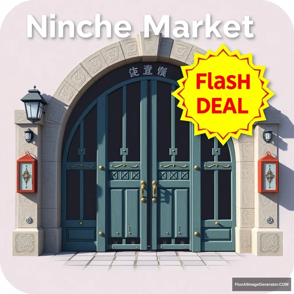 "Icon. The text 'Niche Market: Flash Deal' above the large gate."