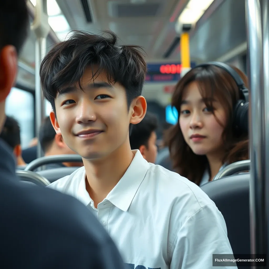 A tired 19-year-old Korean high school student in a crowded bus. They smirk while listening to the radio. Short hair. White shirt.