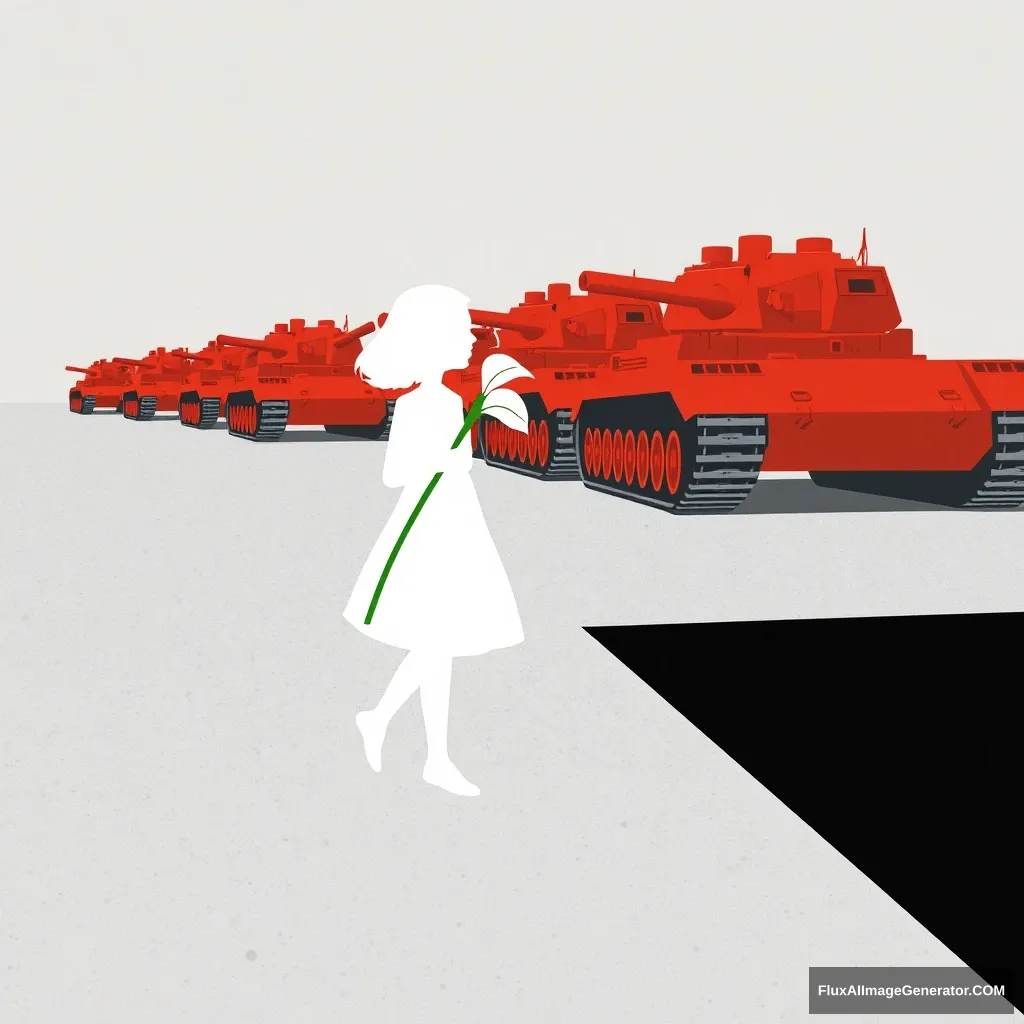 An abstract illustration of a white girl holding a lily against marching red tanks toward him in a line in the style of Moit Checket. The background is gray asphalt. There is a black line at the bottom right side of the picture. It resembles a Japandi art style.