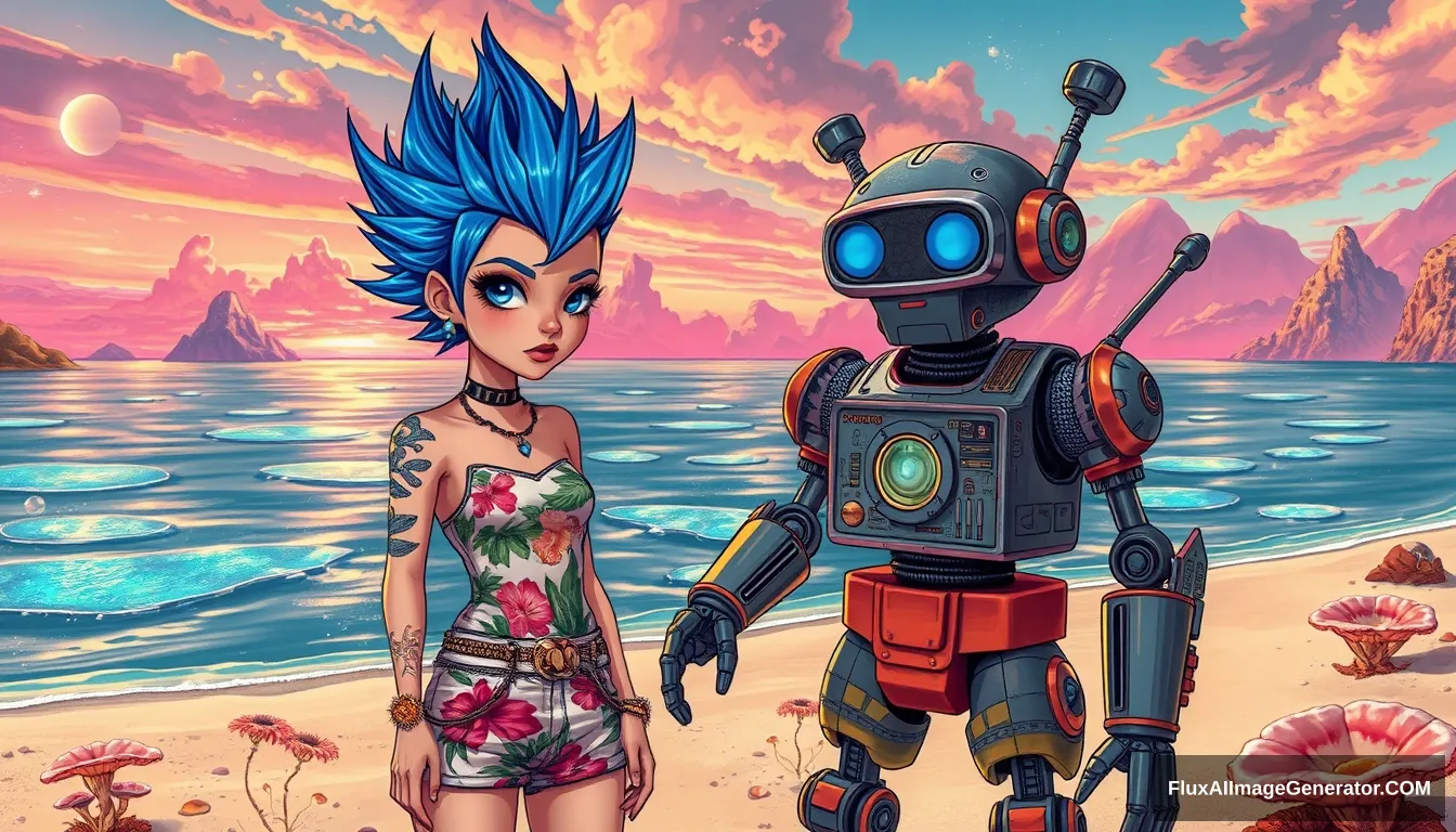 Photo: A scene features a punk girl with electric blue spiky hair rendered in the intricate style of Enki Bilal, beside a charming retro-futuristic robot in Hawaiian shorts, on a surreal alien beach adorned with iridescent fungi and shimmering lakes, all beneath a vibrant, dreamlike sky.