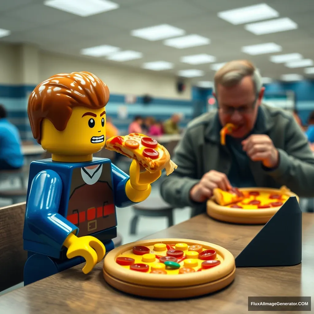 A Lego man eating a real pizza. Sitting at a table beside a real man eating a Lego pizza. In a high school cafeteria.