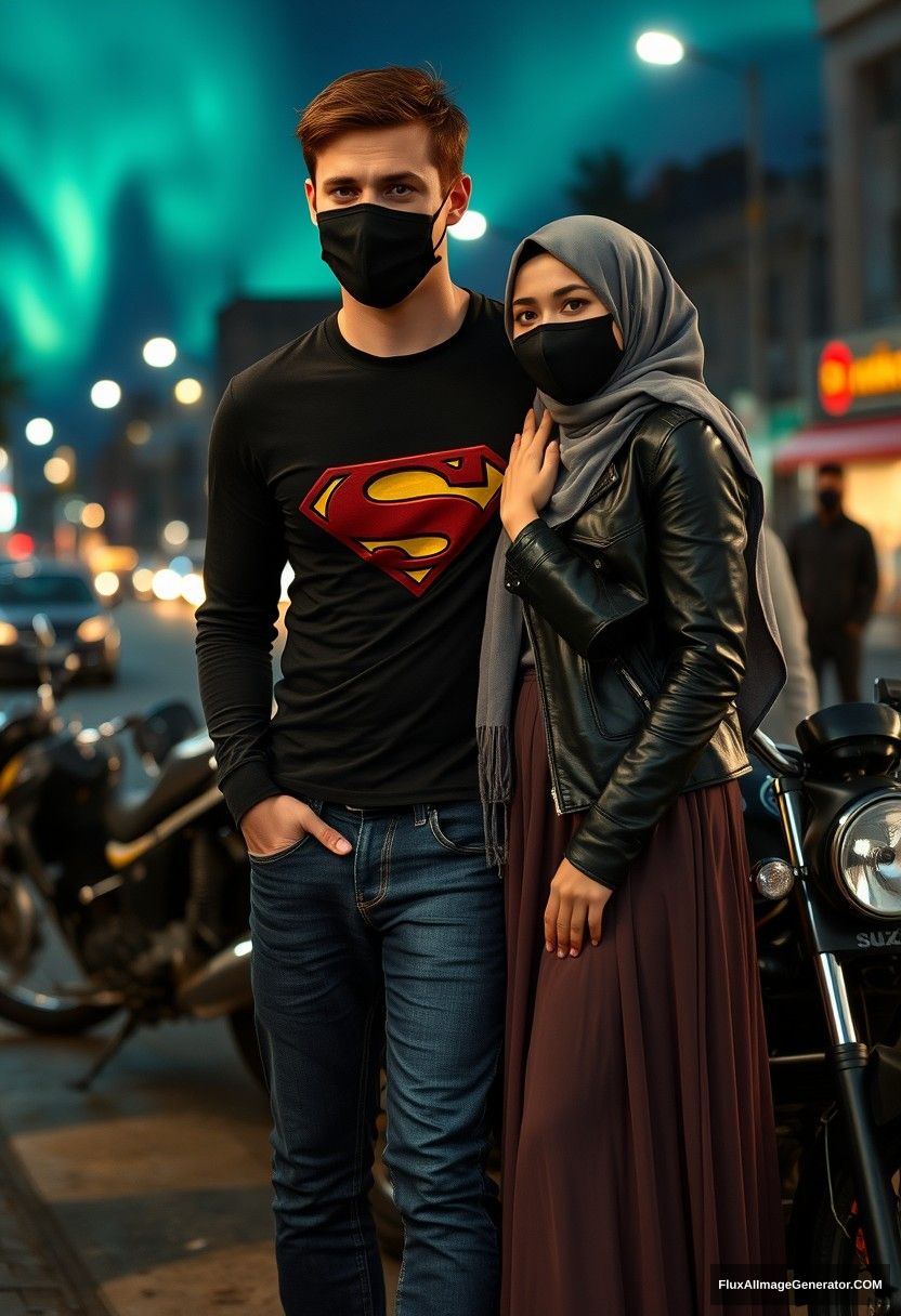 Jamie Dornan, tall, young, wearing a black face mask, a long-sleeve black Superman T-shirt, and jeans, 

dating a beautiful, romantic Muslim girl in a grey hijab with beautiful eyes, wearing a black face mask, a leather jacket, and the longest and biggest skirt, not a tall girl,  

laying on his shoulder, standing near motorbikes for photography, Suzuki Panther model, in town, photorealistic, street photography, night scenery, aurora borealis.