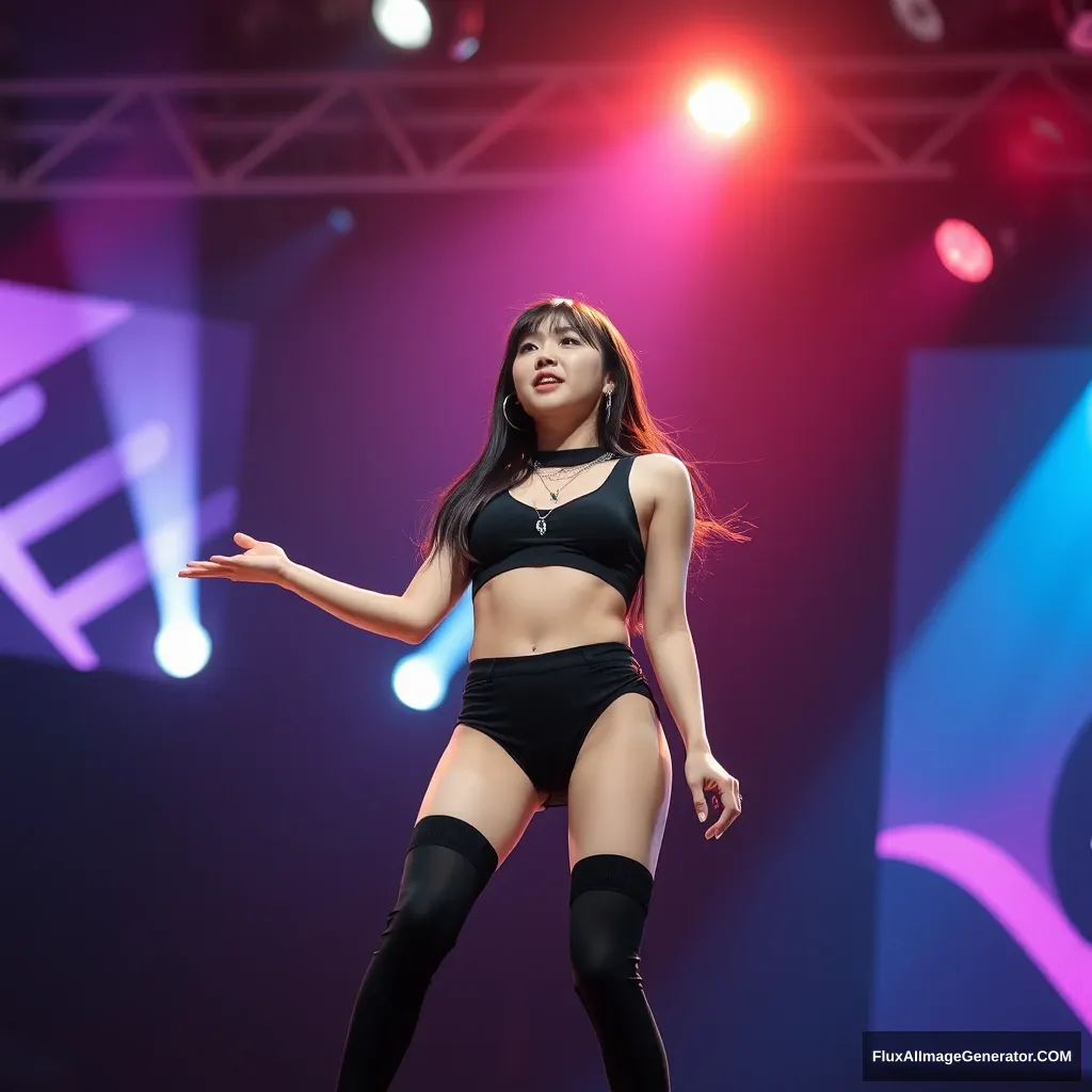 KPOP idol, woman, stage, bewilderment, captivating, hot pants