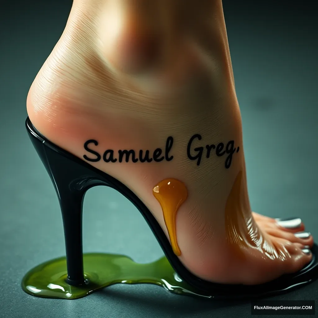 The name "Samuel Greg" on a woman's foot in a black high heel. There is oil all over the foot. - Image