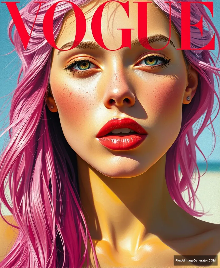 A painting of a woman with pink hair, featured on Artgerm, Vogue journal cover, Bill Lowe Gallery, sun-drenched, naturalistic technique, Marc Newsom, Suki, soft freckles, looks like young Liv Tyler, Abduzeedo, perfect human female specimen, idealized, yellow skin, hyper-realistic, plastic Barbie doll, Luca, --v 6 --ar 9:16. - Image