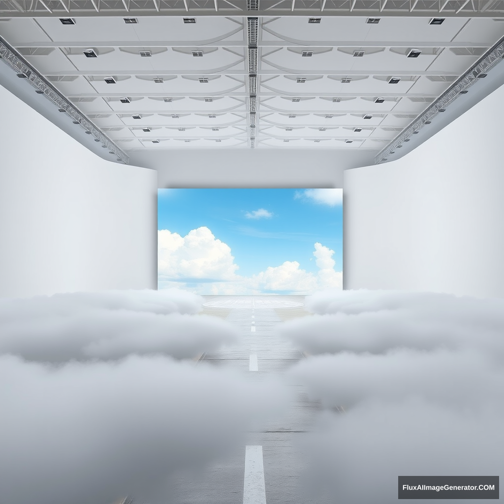 1100 feet tall and 2350 feet wide, a screen displays clouds and sky with a tiny little runway leading from a vantage point to the screen. The runway's vantage point becomes larger as it comes to the forefront of the overall image, set on a beach, with an overall theme reminiscent of the movie 300 or Kanye West's "Blood on the Leaves." Fog occupies both sides of the runway, taking up all available space, leaving no gaps, so that the only visible area on the floor is the runway itself, but not extending over it, only covering the side areas. There are no people in the image, which is presented in 4K. The sky is transformed into an all-white wall, resembling a photographer's white room in a vast, endless warehouse-like space without a ceiling or any other walls.