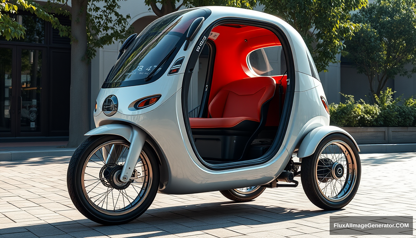 3-wheeled, enclosed, concept scooter, ((just 2 wheels in front)), ((only 1 in back)), 4k, wide bicycle wheels, very low, detailed.