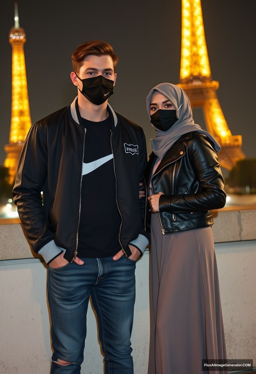 Jamie Dornan, youngest, black face mask, collage jacket, Nike t-shirt, jeans, tall man, fit body,

Dating, love with the biggest grey hijab Muslim girl, beautiful eyes, black face mask, leather jacket, longest skirt, cute short girl,

standing at the wall, Eiffel Tower, night scenery, hyper-realistic, photorealistic, street photography.