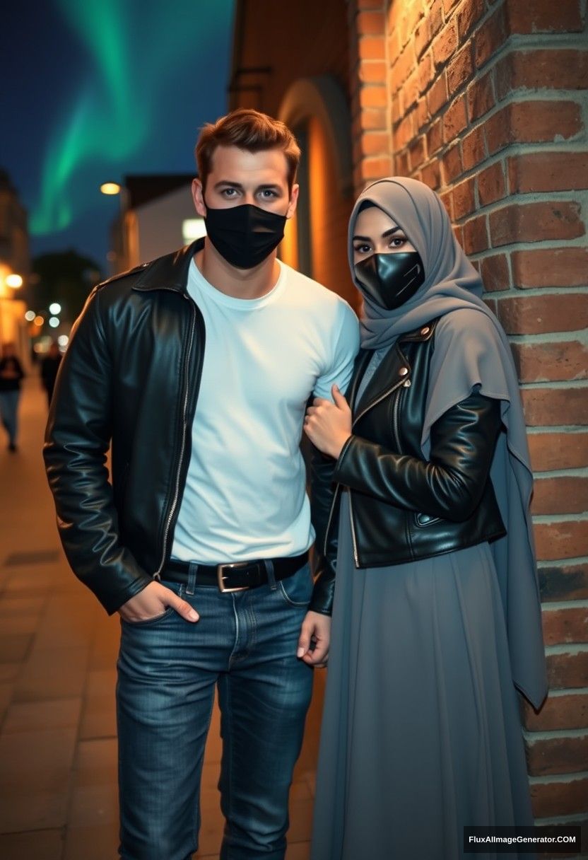 Jamie Dornan, tall and handsome, wearing a black face mask, a white Nike T-shirt, and jeans, is on a romantic date with a beautiful Muslim girl in a grey hijab, who has striking eyes, a black face mask, a leather jacket, and is wearing a very long and wide skirt. She is not tall. They are holding hands, leaning against a brick wall in a town setting, captured in photorealistic street photography, full photography, and selfie photos at night, with an aurora backdrop. - Image