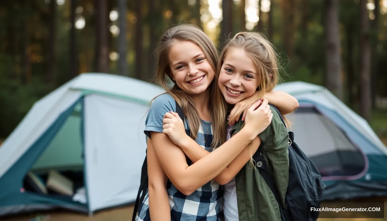 Two girls blush and coyly embrace as they realize they need to get much closer together than they expected during a camping trip. - Image