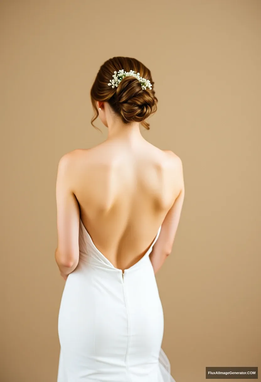 a young woman, sensitive, delicate, ashamed, backless strapless low-waisted wedding dress - Image