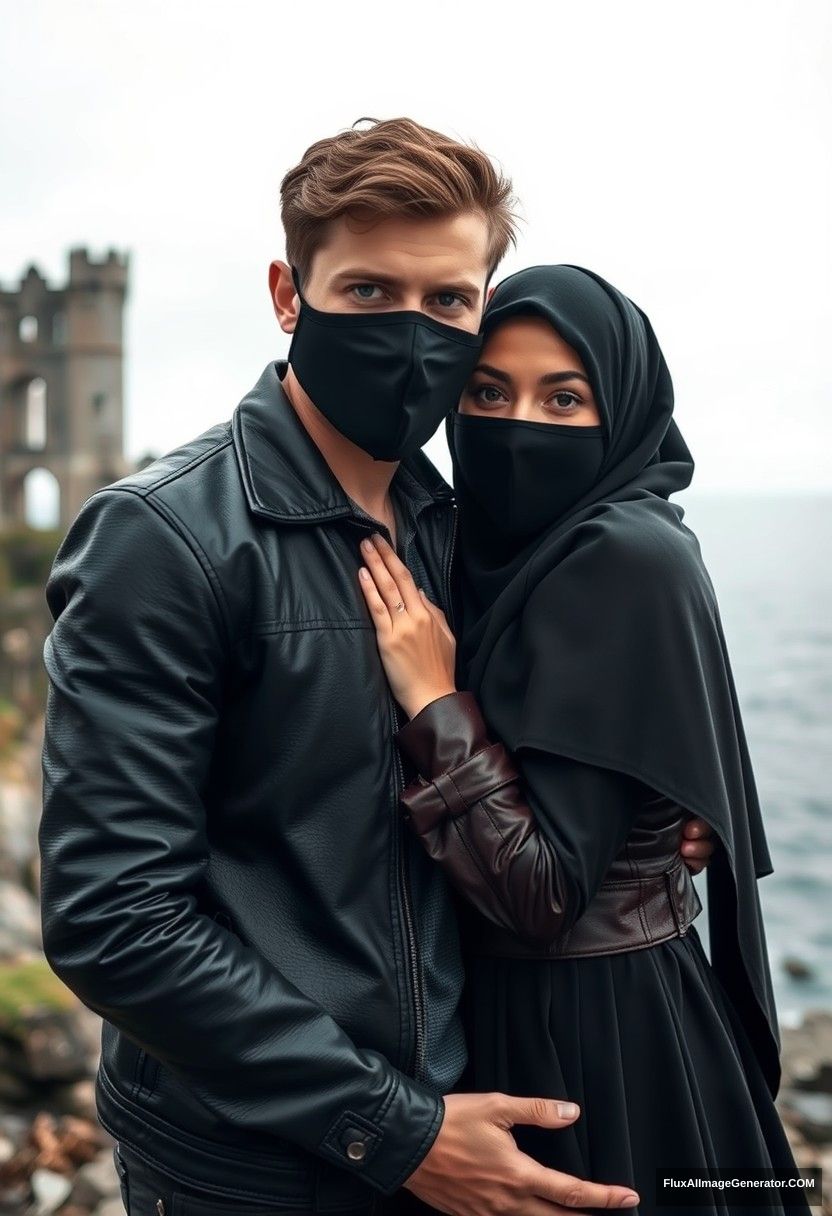 Jamie Dornan's head and body shot, handsome, youngest, black face mask, black leather jacket, dating, love hug with the biggest black hijab Muslim girl, not tall, beautiful eyes, face mask, maroon leather jacket, biggest black skirt, hyper-realistic, studio photography, full body photo, explore at an abandoned castle, at sea, gloomy scenery. - Image