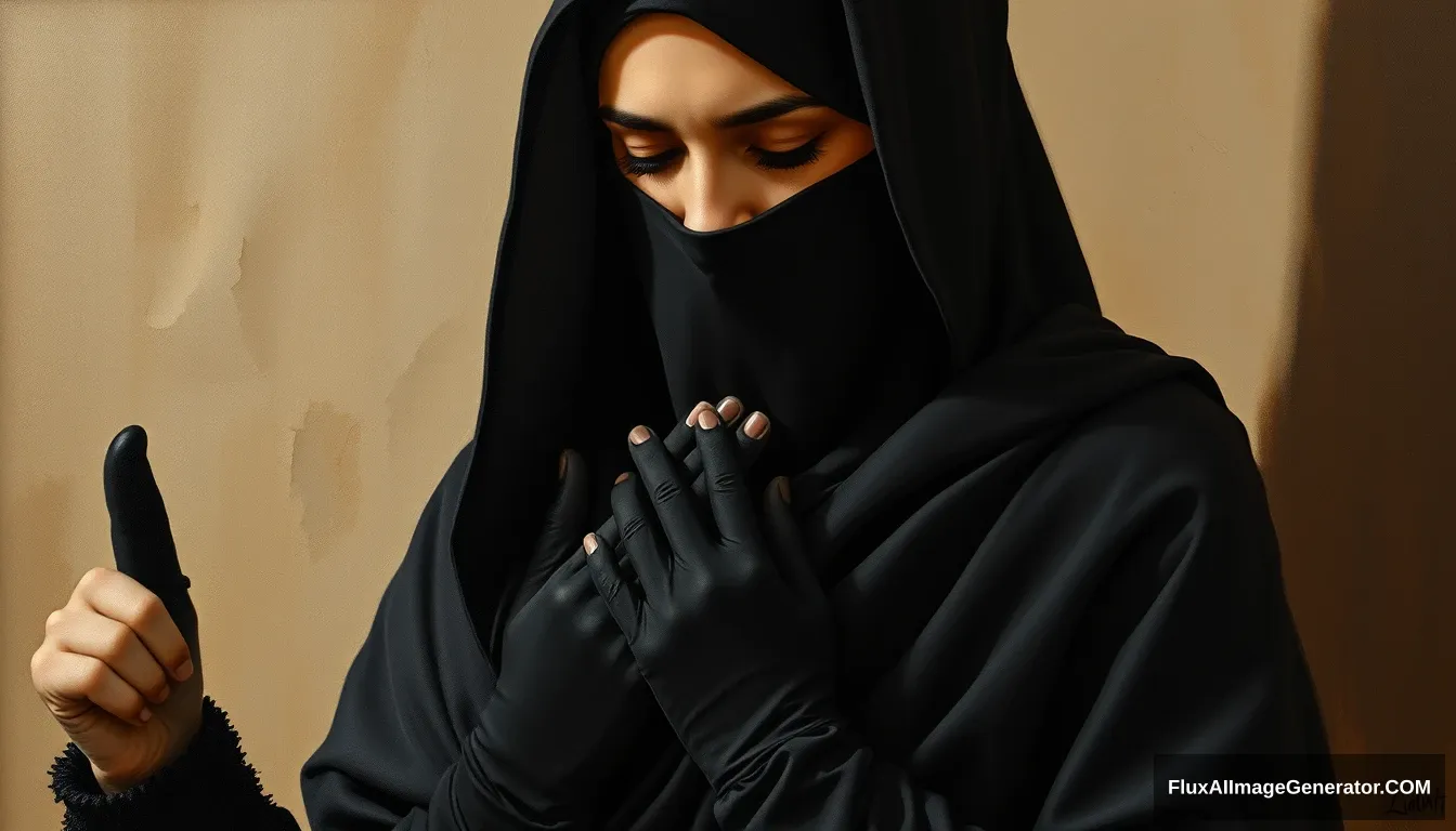 Pious woman praying named Maryam bint Imran. Wearing black gloves and a niqab, Maryam is a woman who is very devout and always maintains her purity. She comes from a very prominent family, and since childhood she was raised in an environment full of worship and obedience to Allah, wearing a black sarong, with her neck covered by a perfect hijab. Realistic, full body, oil painting.