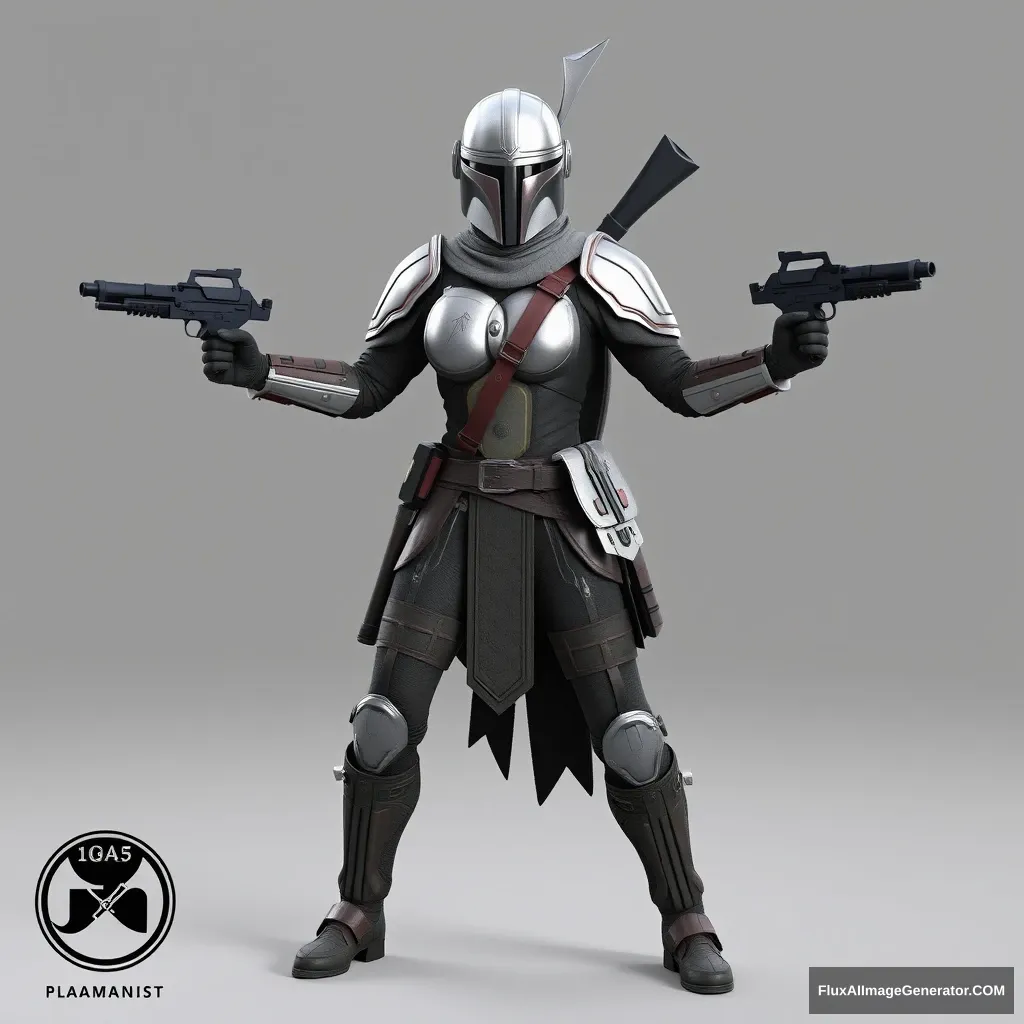 3D model of a Mandalorian female, full body, guns drawn, detailed original armor, AAA game asset. - Image