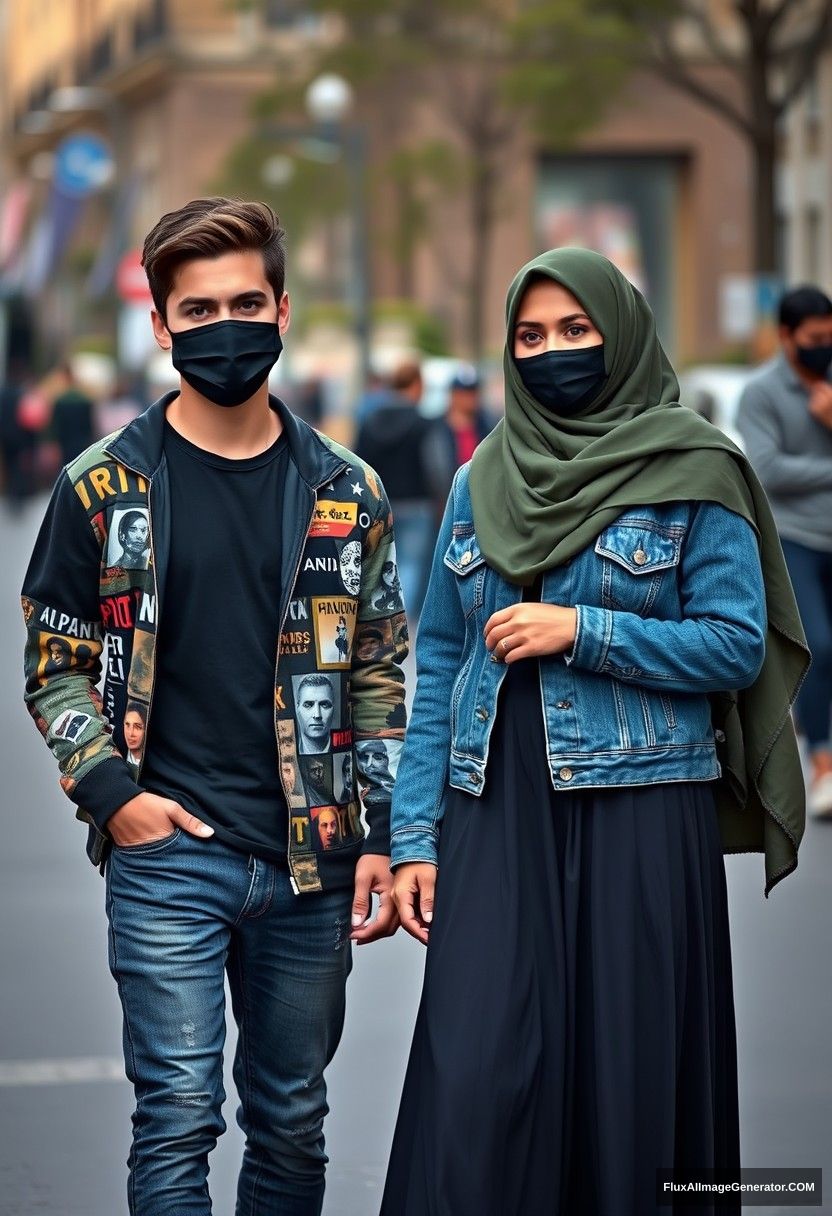 Jamie Dornan, young, black face mask, black T-shirt, riot collage jacket, jeans, red sneakers, dating a beautiful Muslim girl in the biggest army green hijab, with beautiful eyes, black face mask, denim jacket, longest skirt, not tall girl, photorealistic, street photography, full photography.