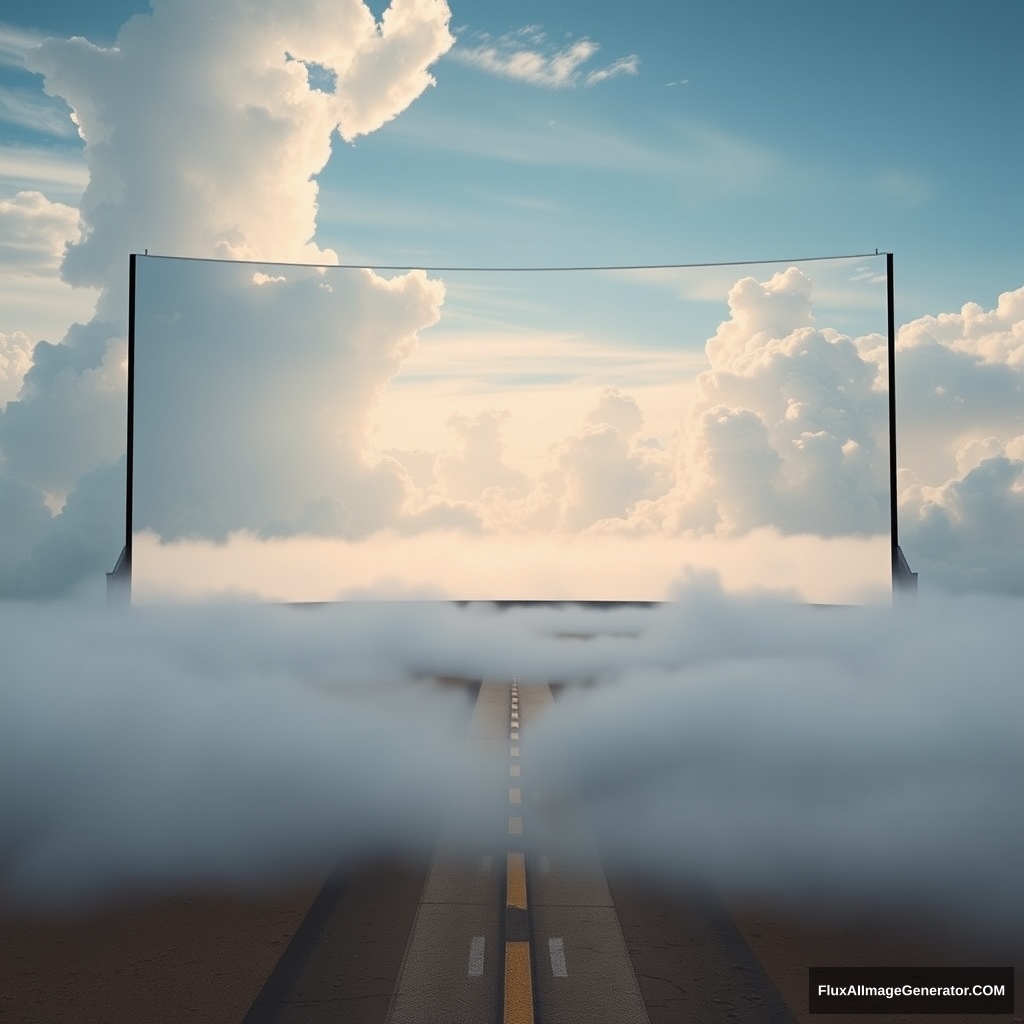 1100 feet tall, 2350 feet wide screen displaying clouds and sky with a tiny little runway leading from a vantage point to the screen. The runway's vantage point appears larger as it comes to the forefront of the overall image, set on a beach, with an overall theme reminiscent of the movie 300 or Kanye West's "Blood on the Leaves." Fog envelops the sides of the runway, fully occupying all space, leaving only the runway visible in the floor area. There are no people in the image, which is presented in 4K quality. - Image