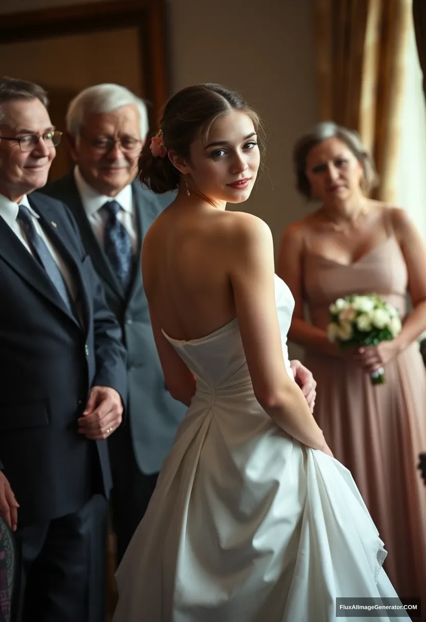 A short young woman, sensitive, delicate, backless strapless side-less low-waisted contouring wedding dress with a deep cleavage loose front. Fawning obediently mingling with fathers. Expectations. Perfect posture. Pale skin. - Image