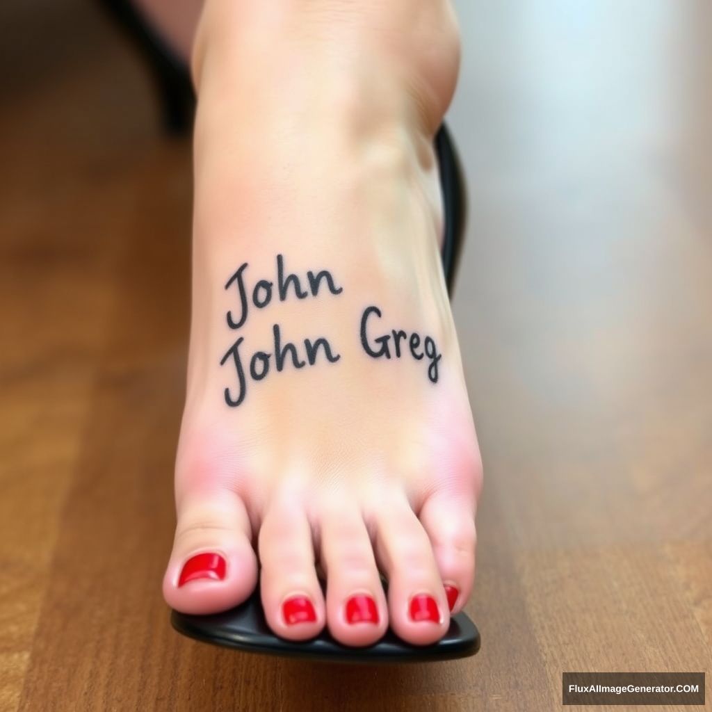 A woman's foot with the name "John Greg" on it. She is wearing black heels and her toenails are painted red.