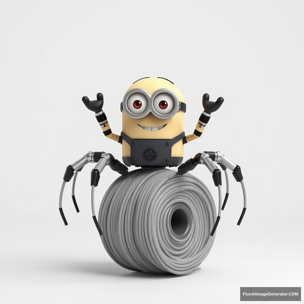 3D render of a robot in the shape of a spider, in the style of the animated movie Minions, on the back of a spool of optical cable. The robot looks positive, for advertising, background monochrome, light color. - Image