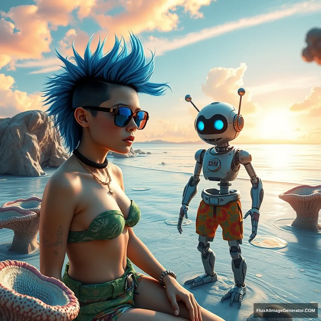 Realistic Photo in the intricate style of Enki Bilal: A scene features a delicious attractive punk girl with electric blue spiky hair; beside a charming retro-futuristic robot in Hawaiian shorts, on a surreal alien beach adorned with iridescent fungi and shimmering lakes, all beneath a vibrant, dreamlike sky.