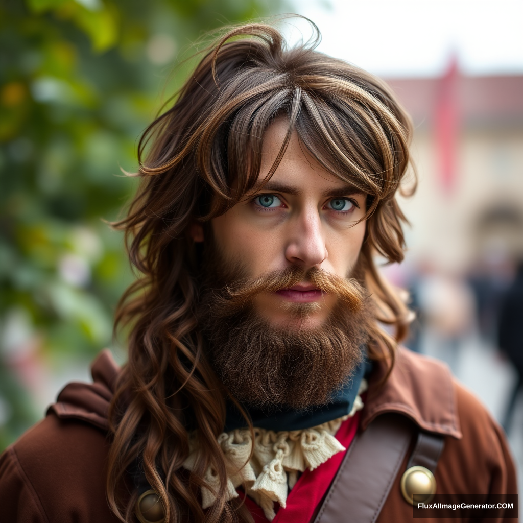 Long brown-haired and short-bearded guy cosplaying as Dimitrescu.