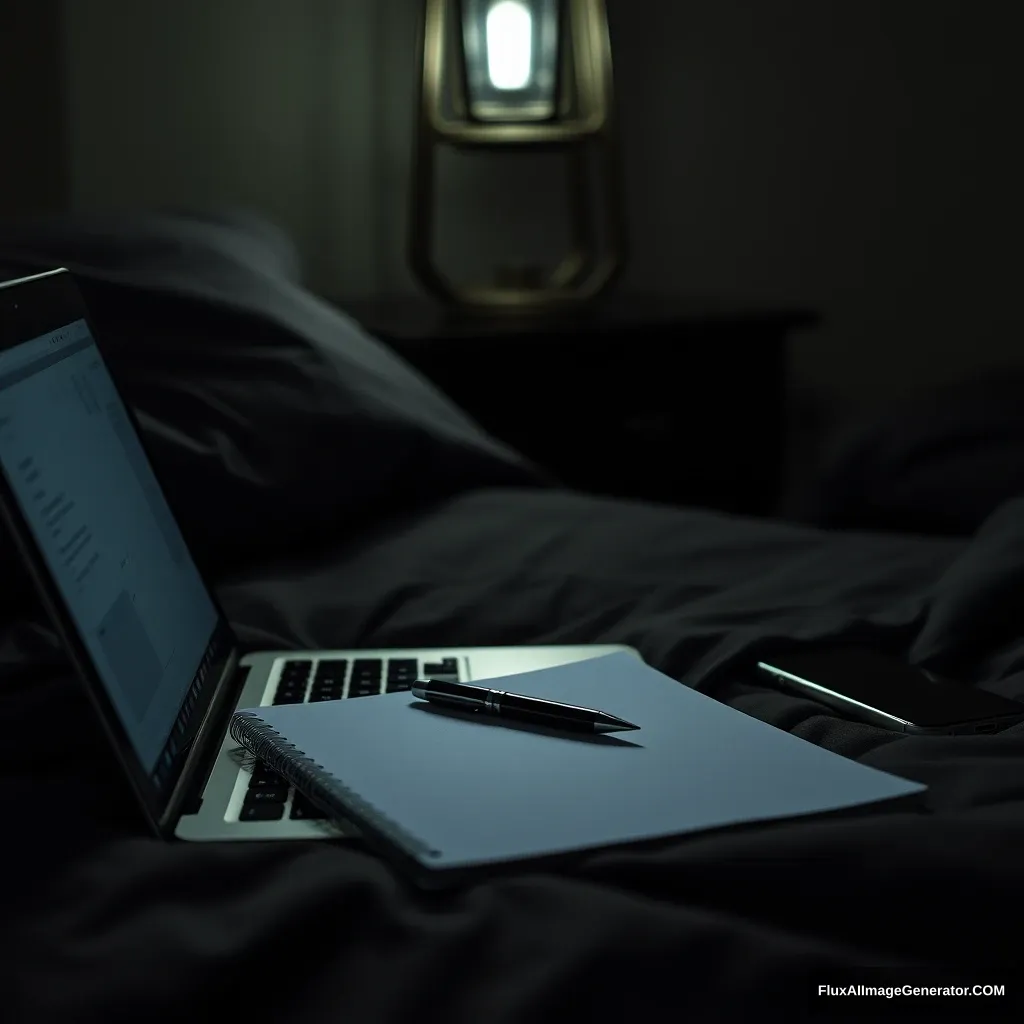 On a laptop, notebook, a pen, phone, on the bed, hyper-realistic, studio photography, lantern light, gloomy.