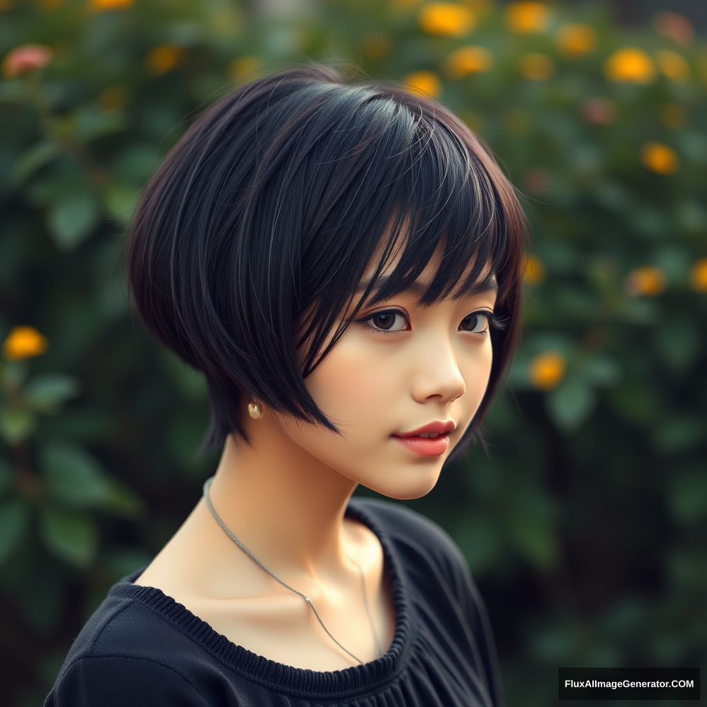 beautiful girl, black short hair, tall, cute - Image