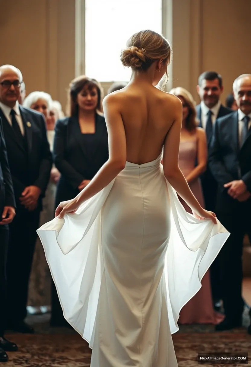 A short young woman, sensitive, delicate, backless strapless side-less low-waisted contouring wedding dress with a breezy loose top spilling open to the sides, that seems like it was intentionally left undone. Before the council of fathers. Expectations. Perfect posture. Pale skin.