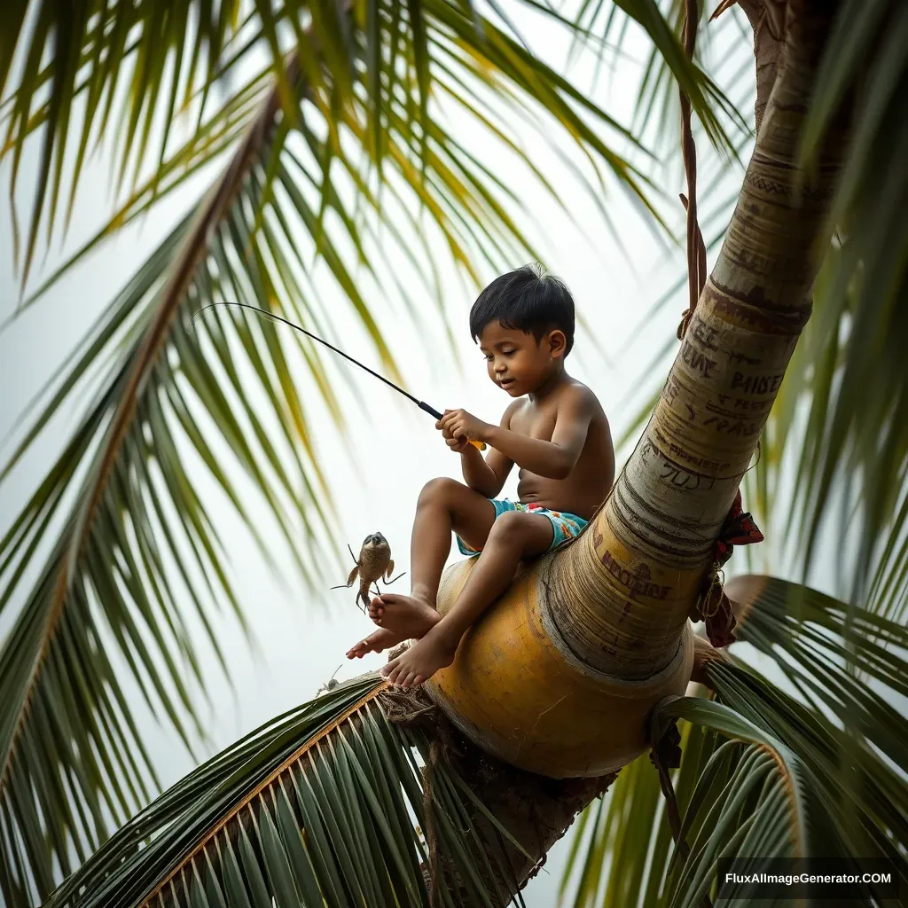 Small boy sitting in a coconut tree and fishing.