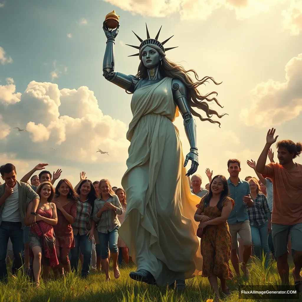 A powerful and inspiring image depicting the concept of freedom and food sovereignty. In the foreground, a goddess symbolizing freedom leads the people towards a bright future, reminiscent of the iconic painting 'Liberty Leading the People.' The lady appears mostly human, with only about 10% of her body showing robotic elements, such as a mechanical arm or eye. She is surrounded by families and individuals who are joyous and supportive, embracing and helping each other. The scene is vibrant and full of hope, capturing the essence of unity, progress, and decentralized, family-based agricultural production. - Image