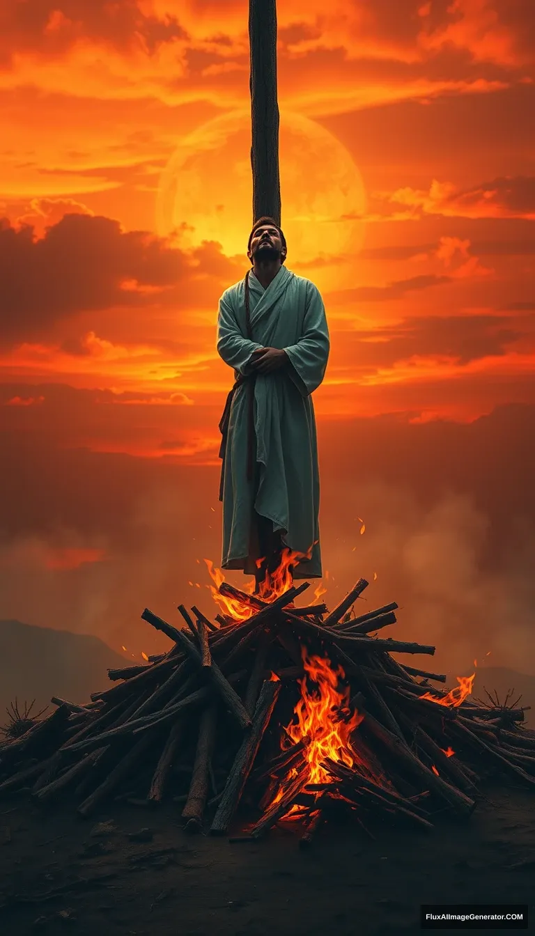 A lone figure, dressed in a white robe, is tied to a towering wooden pole on a barren hilltop. The sky is ablaze with the orange and red sunset, a large fire burns the pile of wood beneath his feet, the flames reaching his face, and his clothes are burning. The figure's face is turned to the sky, his expression calm and accepting. Dramatic lighting, cinematic, highly detailed, digital painting.