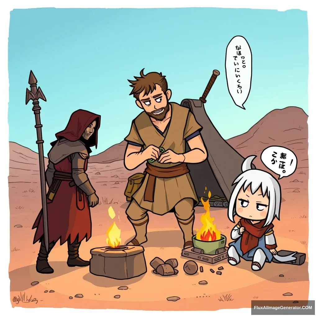 "On the left, a magic warrior; in the center, a carpenter making something; on the right, a Japanese cartoon character looking at it with disdain—all camping in the desert in a realistic illustration."