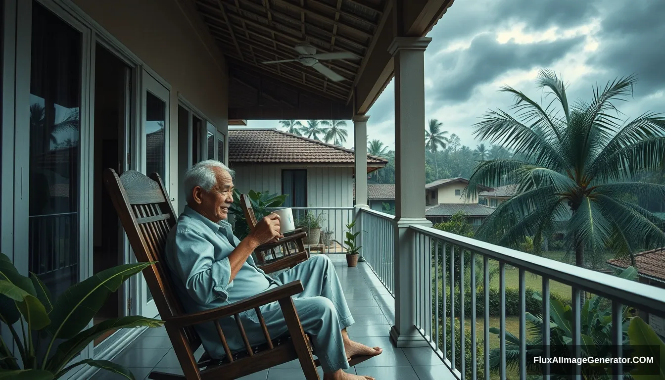 The style of Hirohiko Araki Kubrick, image of a 60-year-old Thai grandfather, handsome and good-looking, sitting on a rocking chair, sipping hot coffee, chilling on the balcony of a house in Chonburi, enjoying the morning atmosphere with dark blue clouds, cool wind in front of the house, with a garden, banana trees, coconut trees, heavy rain atmosphere, oil painting, sharp 3D, 40k, pastel color.