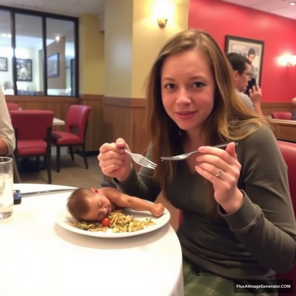 Young woman eating in a restaurant with a shrunken man on her plate.