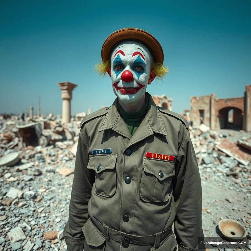 A sad clown in an IDF uniform standing in the middle of ruins. - Image