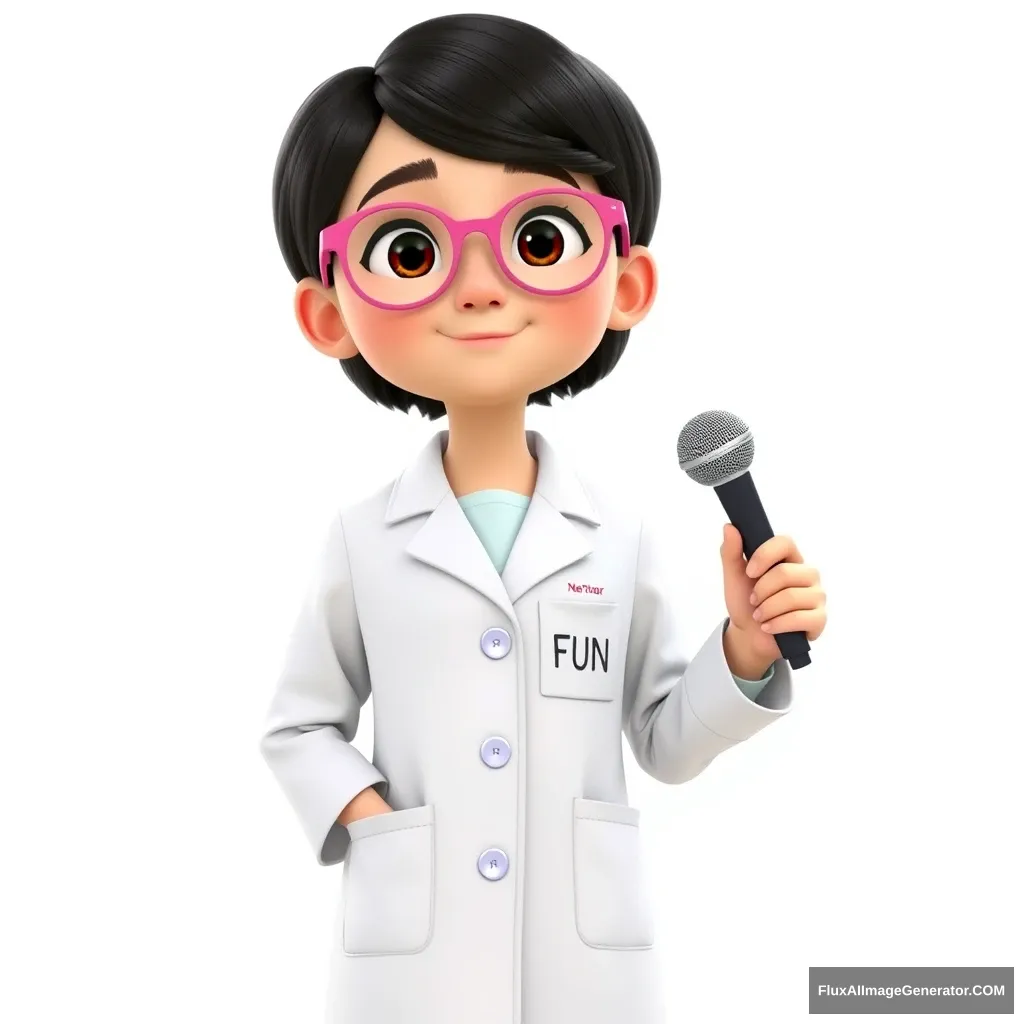 A girl wearing a long white lab coat, short black hair, pink glasses, holding a microphone in her right hand, front upper body shot, well-groomed, with the word "FUN" written on the top pocket of the coat, very cute, 3D Pixar animation, no background, --ar 9:16.