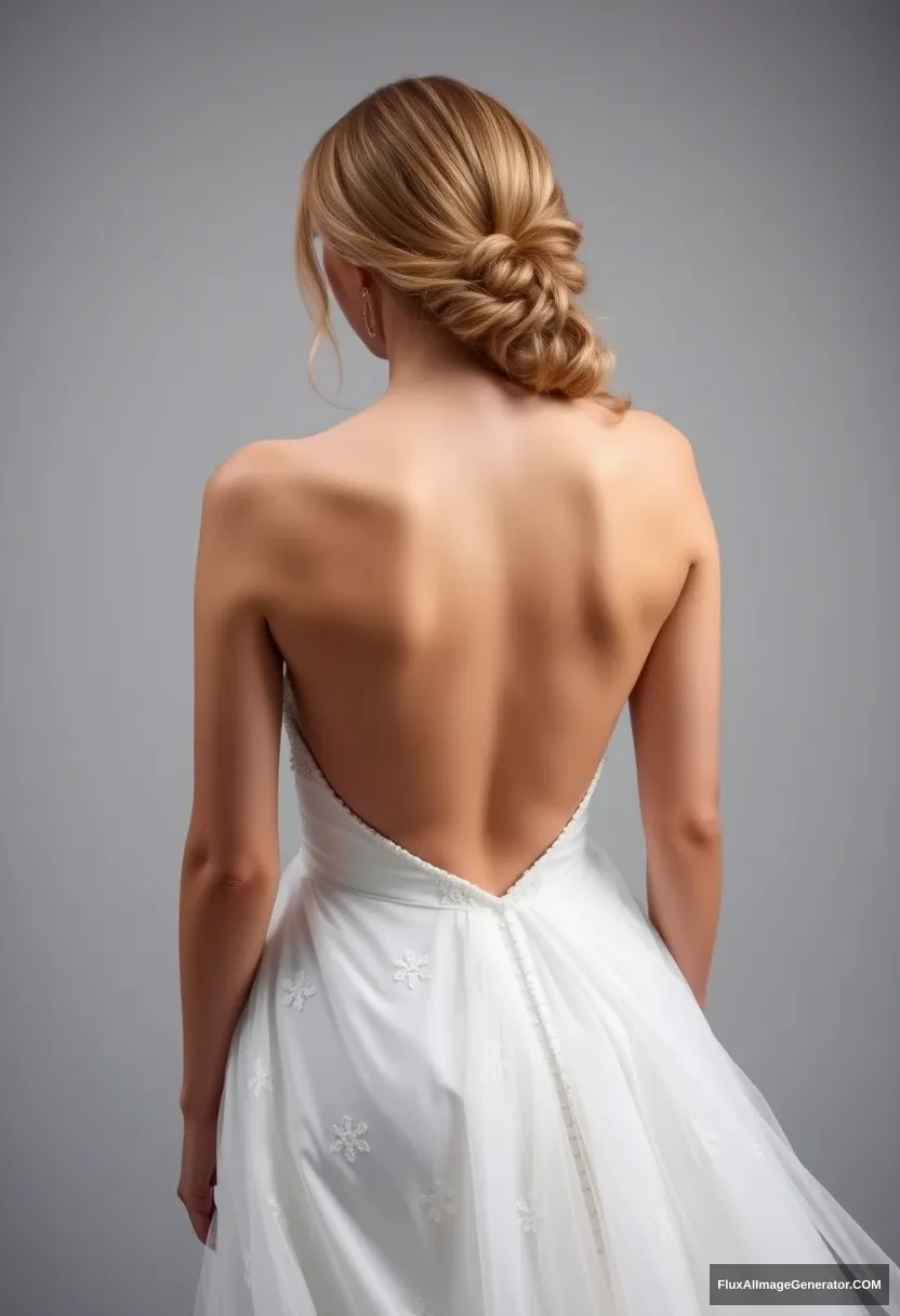 A young woman, sensitive, delicate, ashamed, backless strapless low-waisted water wedding dress.