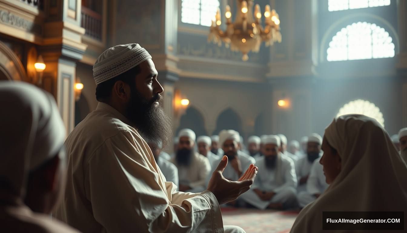 Prophet Muhammad (SAW) addressing his companions in a mosque, explaining the signs of the Dajjal. The scene is filled with calm yet serious expressions, emphasizing the importance of the message. Ultra HD, realistic, respectful, with soft and cinematic lighting.