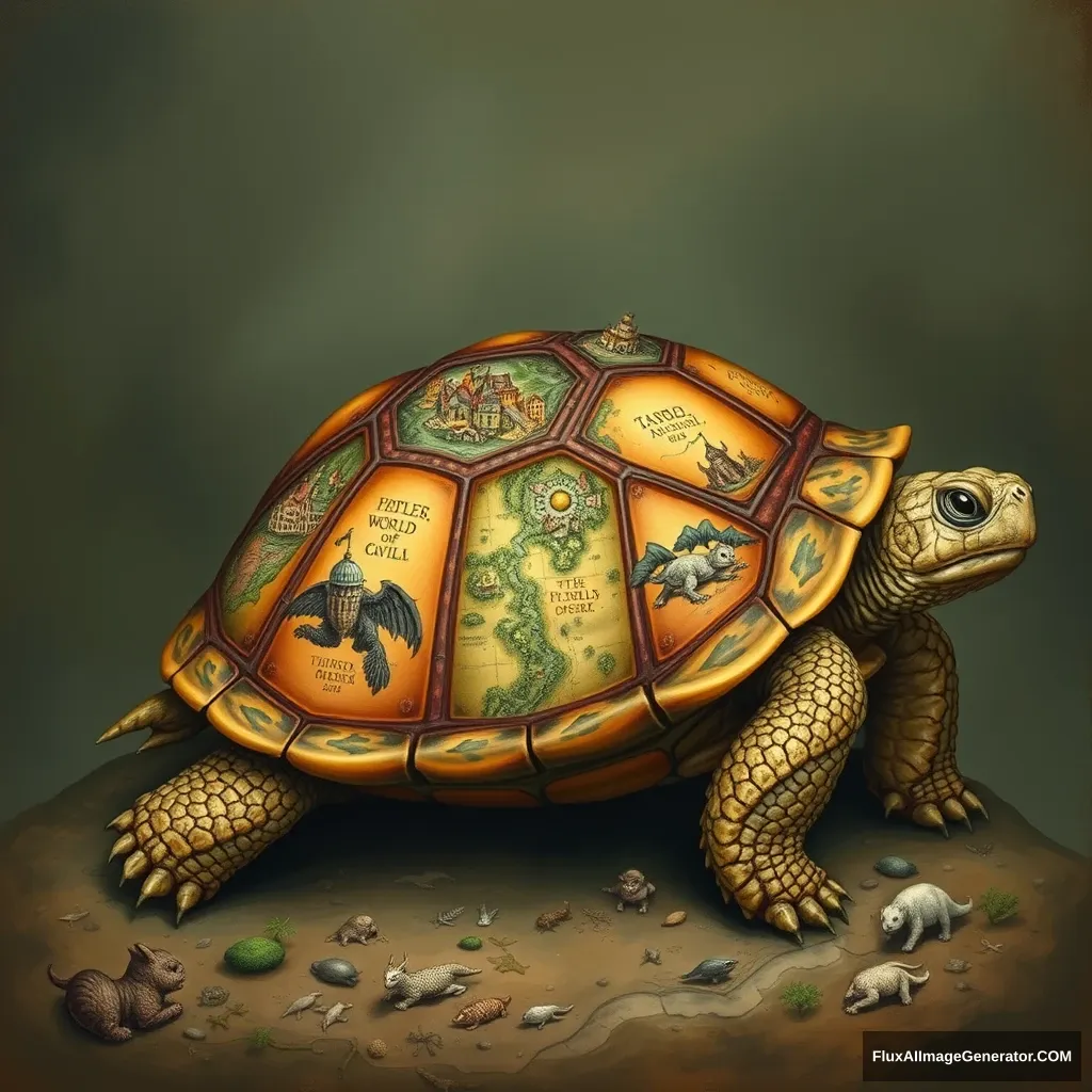 "A naturalistic portrait of a wise old turtle, its shell an intricate map of an imaginary world, complete with tiny cities and mythical beasts." - Image