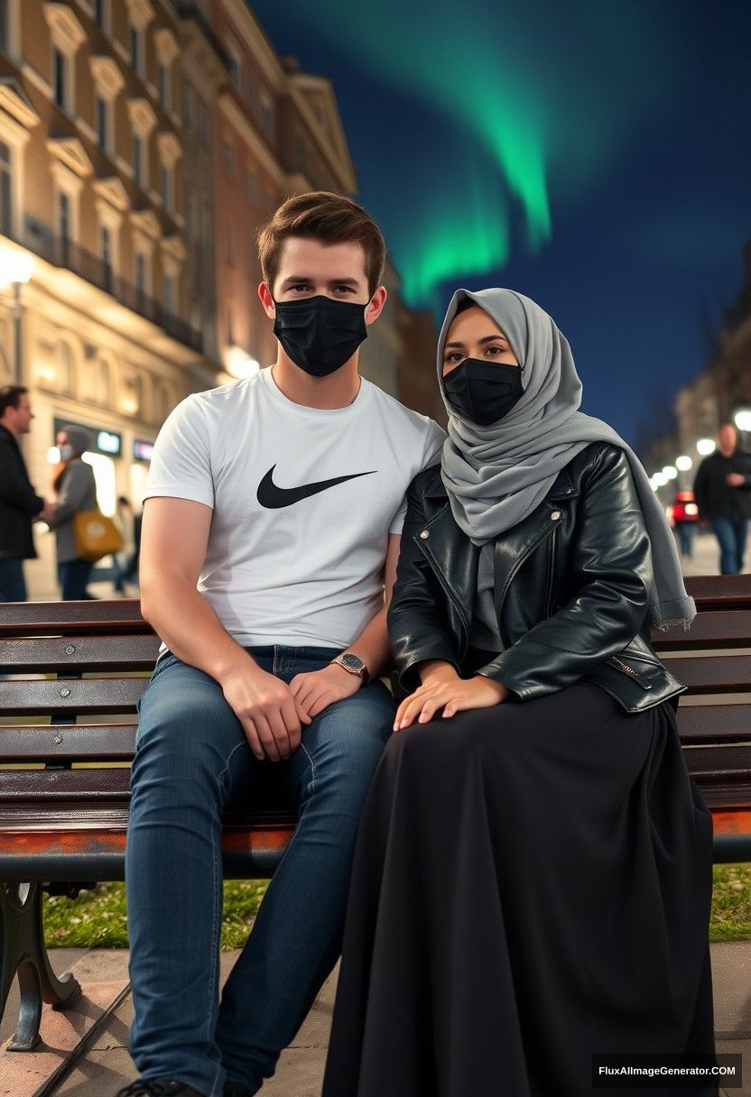 Jamie Dornan, tall, young, wearing a black face mask, a white Nike T-shirt, and jeans, 

dating a love romantic relationship with a grey hijab-wearing Muslim girl, beautiful eyes, wearing a black face mask, a leather jacket, and a very long and big skirt, who is not tall, 

sitting together on a park bench in town, with strangers in the background, photorealistic street photography, selfie photos, night scenery, and aurora borealis.