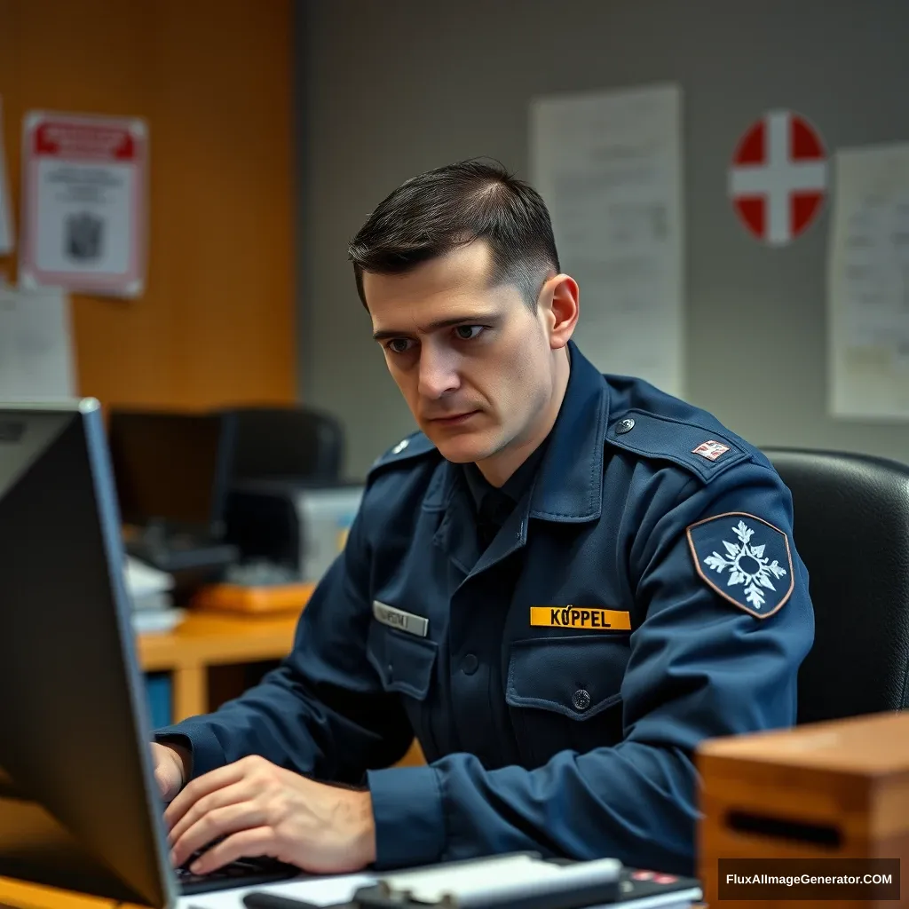 Swiss border guard, working at a desk, rank of sergeant, his name is Köppel, ultra 4K real, black hair without a head, blue uniform.