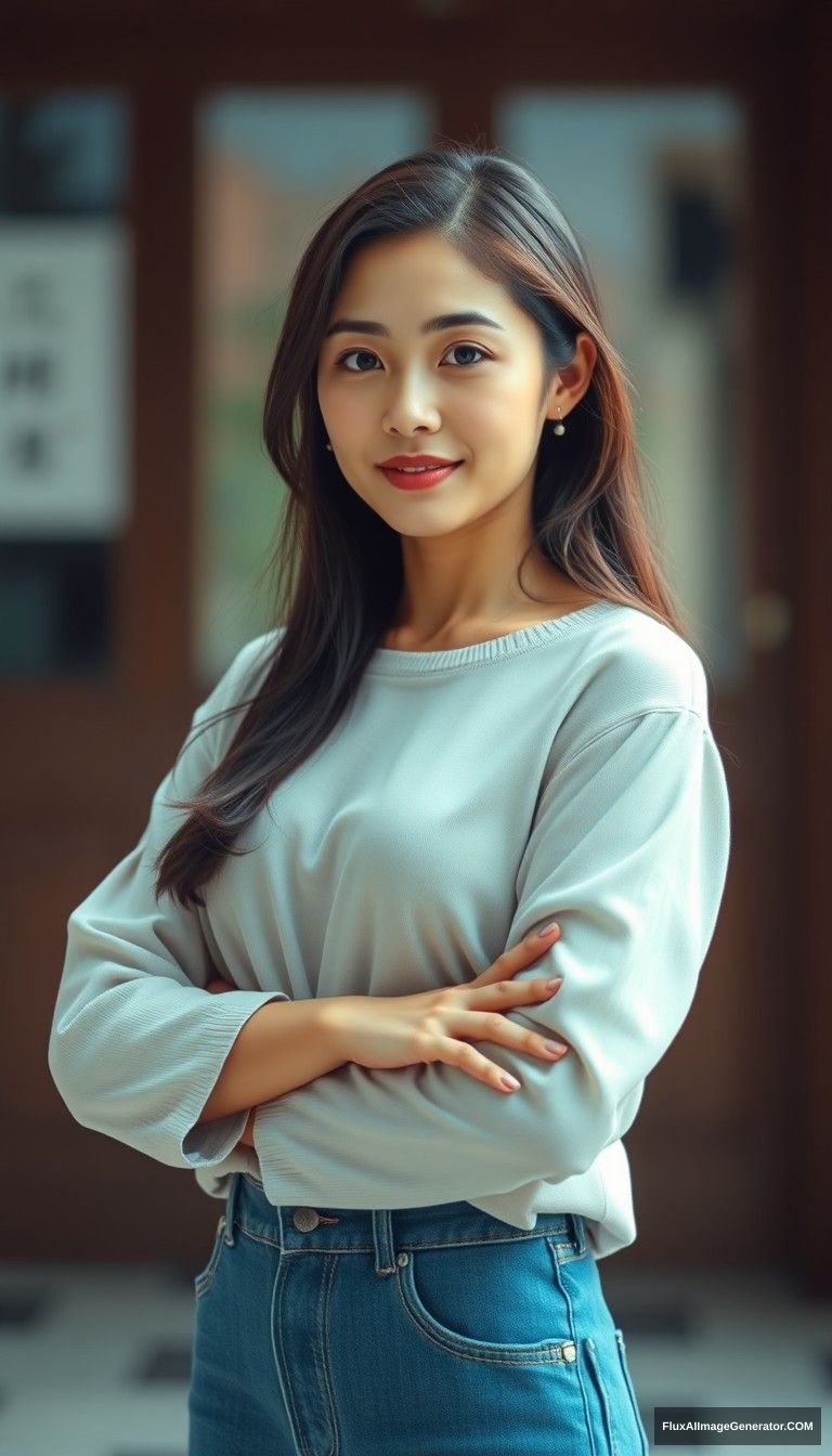 An Asian woman, standing posture, facing the camera, high-definition quality, 8K resolution.